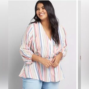 NWT Lane Bryant Long Balloon Sleeve Surplice Neck Peplum Stripe Top 14